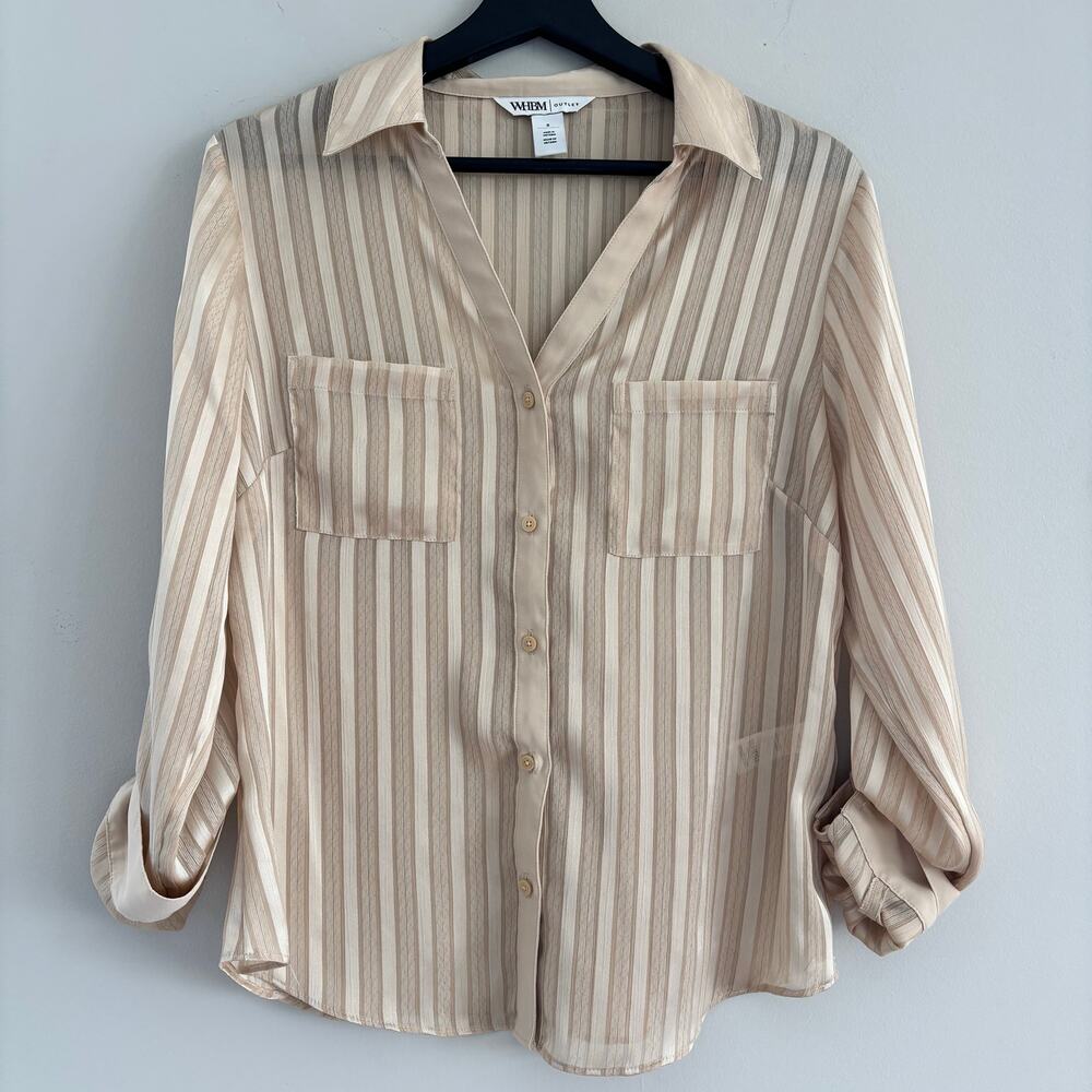 White House Black Market Outlet Shimmer Button Down Top Front Pockets Size 8